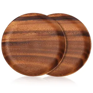 SAHARANPUR HANDICRAFTS 2 Pcs 12 NCH Luxury Acacia Wood Dinner Plates for Eating Wooden Serving Platter for Food Sandwich Dessert Salad Plate Fruit Platters Round Tray