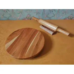 SAHARANPUR HANDICRAFTS Rolling Pin & Board/Chakla-Belan Set with Belan Stand for Kitchen/Pantry/Gift Purpose (Teak Wood Chakla: 10 in Belan: 14 in)