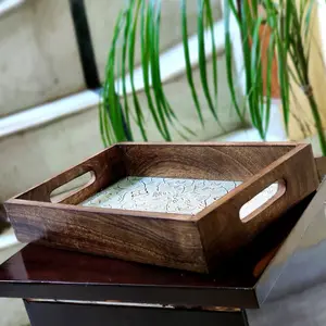 SAHARANPUR HANDICRAFTS Premium Handcrafted Inside White Color Brass Fitted Serving Tray Made of Mango Wood for Serving Coffee Tea Cup Snacks (Size 12"8"2.5"inch)