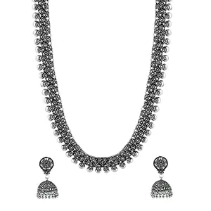 Yellow Chimes Antique Silver Oxidized Ethnic Indian Traditional Kolhapuri Long Necklace Set with Jhumka Earrings Fashion Jewelry for Women