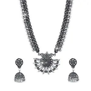Yellow Chimes Women's German Oxidized Designer Traditional Latest Fashion Long Pendant Necklace with Jhumka Earrings Jewellery Set Silver
