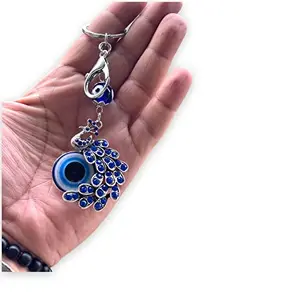 BLUE BEADS Peacock Shape Pendant Blue Evil Eye Keychain Crystal alloy peacock Keyring for Men and Women (Pack of 1)