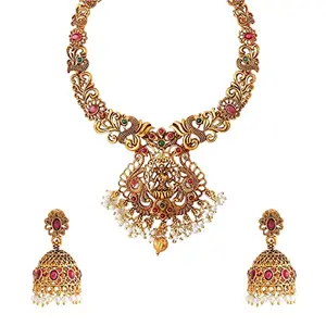 Yellow Chimes Women's Traditional Jewellery Set Ethnic Temple Plated Jewelry Long Haram Necklace And Girls Medium Gold