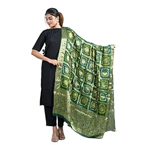Chaukhat Women's Art Silk Banarasi Bandhej Ghatchola Dupatta Size- (2.5 Mtr), Bottle Green, Free Size