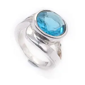 RidVik Blue Topaz Quartz Round Shape Handmade Jewelry Ring 7.50" RIN-624, Silver Plated, Topaz and Topaz