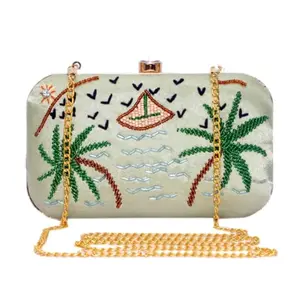 Amerie Fashions Women's & Girls Embroidered Coconut Tree Light Green Clutch for Party Wedding, Light Green