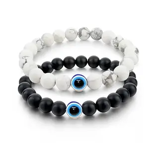 SHILPMART Pack of 2 Evil Eye Couple Distance Relationship 8 mm bead Bracelets for men Women Stretch Bracelets Black Matte Agate & White Howlite Energy Beads Stone Lovers Touch, One Size, Glass, No