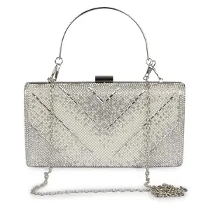 KAAM KAAJ Rhinestone Clutch for Women's, Evening Handbags for Bridal Wedding Clutches, Silver