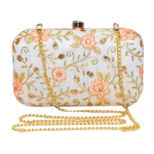 Amerie Fashions Women's Off White Floral Box Clutch for Party Wedding, Off White