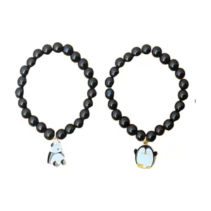 DEALNUT Penguin & Panda Combo-Crystal Stone Beads Magnetic Bracelets, FREE SIZE, Stone, Blaxck