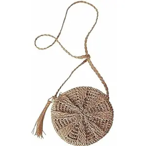 MAIRO LIFESTYLE Straw Wicker Handmade Boho Summer Beach Small Crochet Bag, Round Brown, M