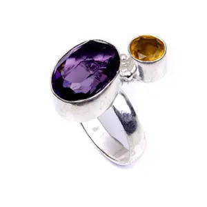 RidVik Handcrafted Cut Amethyst And Citrine Quartz Handmade Jewelry Ring 6'', Silver Plated