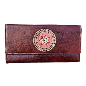 Ananya Leather Handicraft Shantiniketan Genuine Leather Traditional Printed Clutch Purse for Women and Girls (ALH_613), Brown
