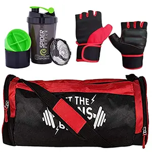5 O'CLOCK SPORTS Gym Bag Combo Set Enclosed Spider Shaker 500 ML (Green) with Red LTGB Printed Logo Gym Bag and Lycra Gloves (Red) for Men Fitness ll Gym & Fitness Kit