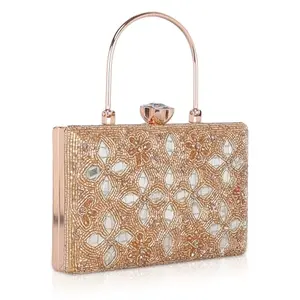 Nicoberry Women's Glitter Floral Rhinestone Beaded Evening Party Clutch Wedding Bag Wallet, Gold