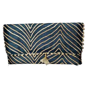 INDIACRAFT Women's Polyester Traditional Envelope Clutch/Hand Purse Bag for Casual, Party, Wedding., Blue Gold, M