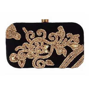 Amerie Fashions Premium Women's Hand Embroidered Black Floral Clutch Purse, Black, M