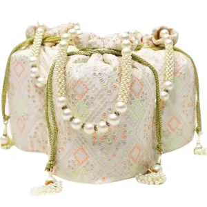 Trendifly Embroidered Dopian Pearl Handle Potli Indian Women Handmade Handbag Potli Bag for Wedding Evening Parties for Bridal Wristlets Clutch Bag Wallet, White