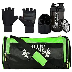 5 O'CLOCK SPORTS Gym Bag Combo Set Enclosed Spider Shaker 500 ML (Black) with Green LTGB Printed Logo Gym Bag and Lycra Gloves (Black) for Men Fitness ll Gym Bag Combo for Men ll Gym & Fitness Kit
