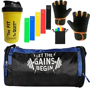 5 O'CLOCK Sports Gym Bag Combo Set Enclosed Yellow Classic Shaker 600 ML with Blue LTGB Printed Logo Gym Bag Lycra Gloves (Orange) and Resistance Loop Bands for Men Fitness ll Gym & Fitness Kit., Multicolor, Standerd, Gym Bags