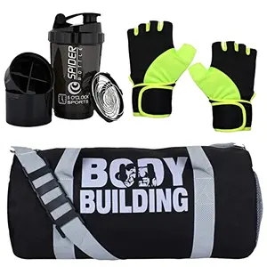 5 O'CLOCK SPORTS Gym Bag Combo Set Enclosed Spider Shaker 500 ML (Black) with Black Body Building Gym Bag and Lycra Gloves (Green) for Men Fitness ll Gym Bag Combo for Men ll Gym & Fitness Kit