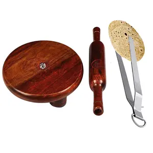 SAHARANPUR HANDICRAFTS Wooden Chakla-Belan Set/Rolling Pin/Roti Maker & Borad with Stainless Steel Chimta(10/12 inch) Roti Maker/philka Maker/chapati Maker chakla for Home and Kitchen