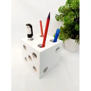SAHARANPUR HANDICRAFTS Pen Holder In Stylish Dice Design For Office/HomeWooden Pen Holder For Office StationaryPen Stand/Pencil Holder/Spoon Holder for Office Table Accessories (White)