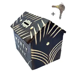 SAHARANPUR HANDICRAFTS Black Wooden Money Bank Hut Style Kids Piggy Coin Box Gifts Handmade Size ((L x W x H): 6 inch x 4 inch x 5.5 inch with LockWooden hut Shape Money Bank Brown Wooden Piggy Bank