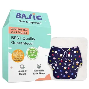 SuperBottoms BASIC Reusable Cloth Diaper with NEW Quick Dry UltraThin pads | 100% cloth Freesize (1 Diaper x 1 insert Pad)
