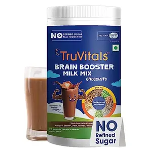 TruVitals Brain Booster Milk Mix Chocolate 400g | 5 Natural Memory & Concentration Boosting Nutri-Mix Of Brahmi Walnut Badam Powder DHA Flax Seeds | Protein Powder Health Drink For Kids
