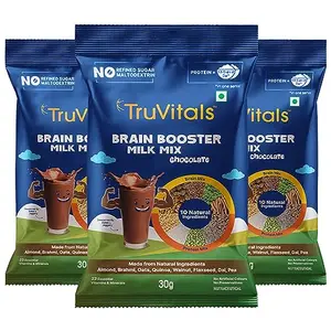 TruVitals Brain Booster Milk Mix Chocolate 90 g | 5 Natural memory & concentration boosting nutrimix of Brahmi Walnut Badam powder Algal DHA Flax Seeds | Protein powder health drink for kids