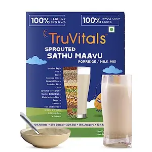 TruVitals Sprouted Multigrain Mix 200g | Sathu Maavu | Healthy cereal with 18 Natural foods like Sprouted Ragi Jowar Bajra Dals Almonds Brahmi | Elaichi Flavour