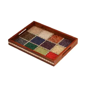 CHURU SANDALWOOD CARVED Decorative Wood Gem Stone Painting Serving Tray for Kitchen and Dinning Ware (Multicolour)