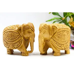 CHURU SANDALWOOD CARVED 4" Wood Elephant Pair Down Trunk Statue Carving Figurine Showpiece for Home Decor(Set of 2 Brown)