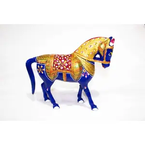 CHURU SANDALWOOD CARVED 8" Metal Meenakari Horse Spiritual Auspicious Handmade Decorative Showpiece Figurine