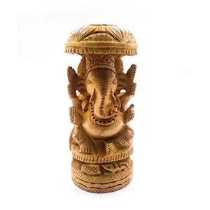 CHURU SANDALWOOD CARVED 6" Hand Carved Lord Ganesha with Umbrella Wooden Idol Sculpture Home Decorative Figurine