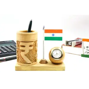 CHURU SANDALWOOD CARVED INDICAST Pen Stand with National Flag and Analog Watch Brown for Office Desk Decorative (Rupee Design)
