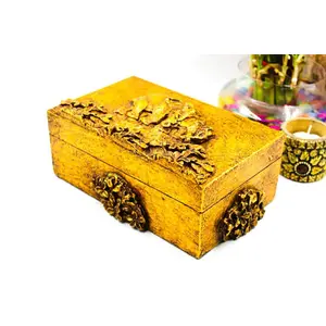 CHURU SANDALWOOD CARVED Decorative Wood Jewellery Box Gold Painted for Women Jewel Organizer/Gifting Purpose(Gold)