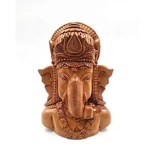 CHURU SANDALWOOD CARVED Wooden Fine Carving Ganesha Face Statue for Home Decor and Office Table (Brown Standard - 6" )