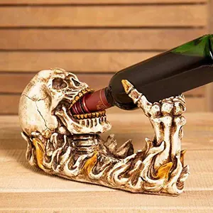 CHURU SANDALWOOD CARVED 12" Evil Skull Rising from Flames Wine Bottle Holder for Home Bar Dcor
