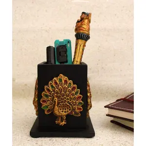 CHURU SANDALWOOD CARVED Resin Pen Pencil Holder with Peacock Figure Decorative Table Desk Organizer for Home Office (5 inches Black)