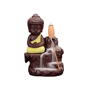 CHURU SANDALWOOD CARVED Figurine Little Meditating Buddha Backflow Smoke (Free 10 Cones) Fountain Incense Burner Holder Idol (7 x 7 x 12 cm)(Style-56)