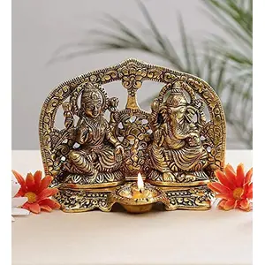 CHURU SANDALWOOD CARVED Metal Lord Laxmi Ganesh Idol Statue with Frame and Diya Decoration Pooja Showpiece (8X6 inch Gold)