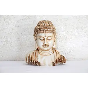 CHURU SANDALWOOD CARVED Trending Good Luck Vastu-fengshui Decorative Small Buddha Bust (Cream-Golden Multicolor 7inch)