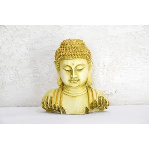 CHURU SANDALWOOD CARVED Art&Craft Trending Good Luck Vastu-fengshui Decorative Small Buddha Bust (Yellow-Golden Multicolor 7inch)