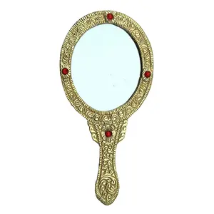CHURU SANDALWOOD CARVED Portable Vanity Handheld Mirror with Handle for Girls and Gifting Purpose(Gold Oval)