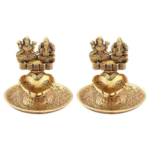CHURU SANDALWOOD CARVED Metal Laxmi Ganesh Hand Diya with for Pooja or as Puja Article Hath Deepak (3X3 inch Gold Pack of 2)
