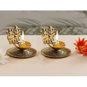CHURU SANDALWOOD CARVED Metal Gold Laxmi Ganesh Hand Diya with for Pooja or as Puja Article Hath Deepak (3X3 inch Gold Pack of 2)