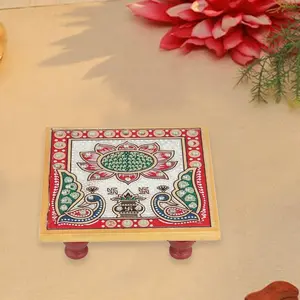 CHURU SANDALWOOD CARVED Hand-Painted Marble Chowki with Kalash Peacock Art Design Aasan for Home Puja Room for Diwali Wedding Housewarming Hindu Festival Decor (4x4 inch Multicolor- (4 * 4 Set of 1)