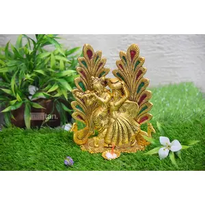 CHURU SANDALWOOD CARVED India Metal Peacock Design Radha Krishna Idol Showpiece with Diya (8 x 6 Inch Gold)